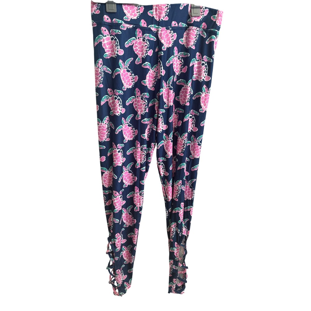 Simply Southern Women Plus Size Sea Turtle Print Ankle Leggings Navy Pink NEW